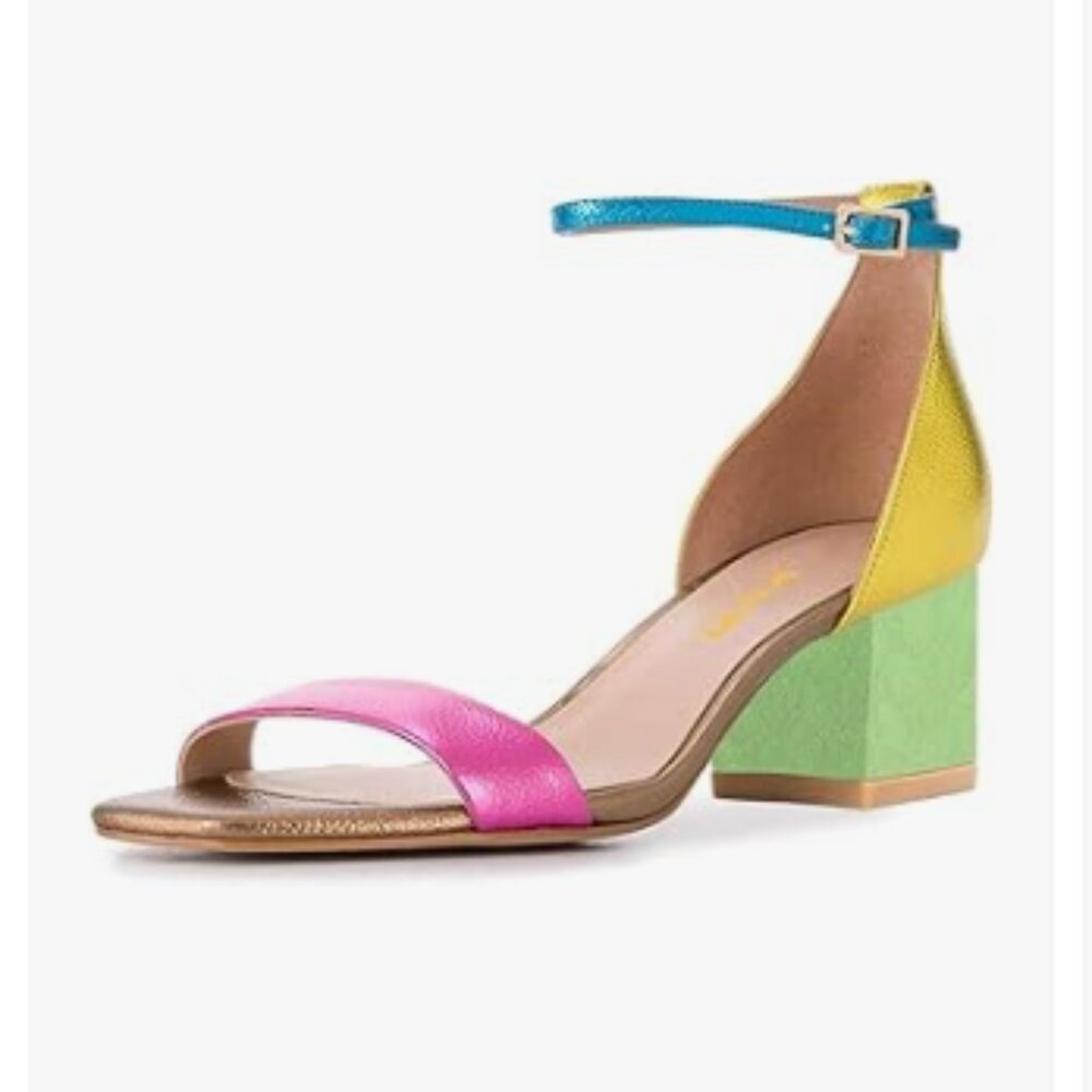 XYD Multicolor Open Toe Ankle Strap Buckled Low Chunky Heel Dress Sandal